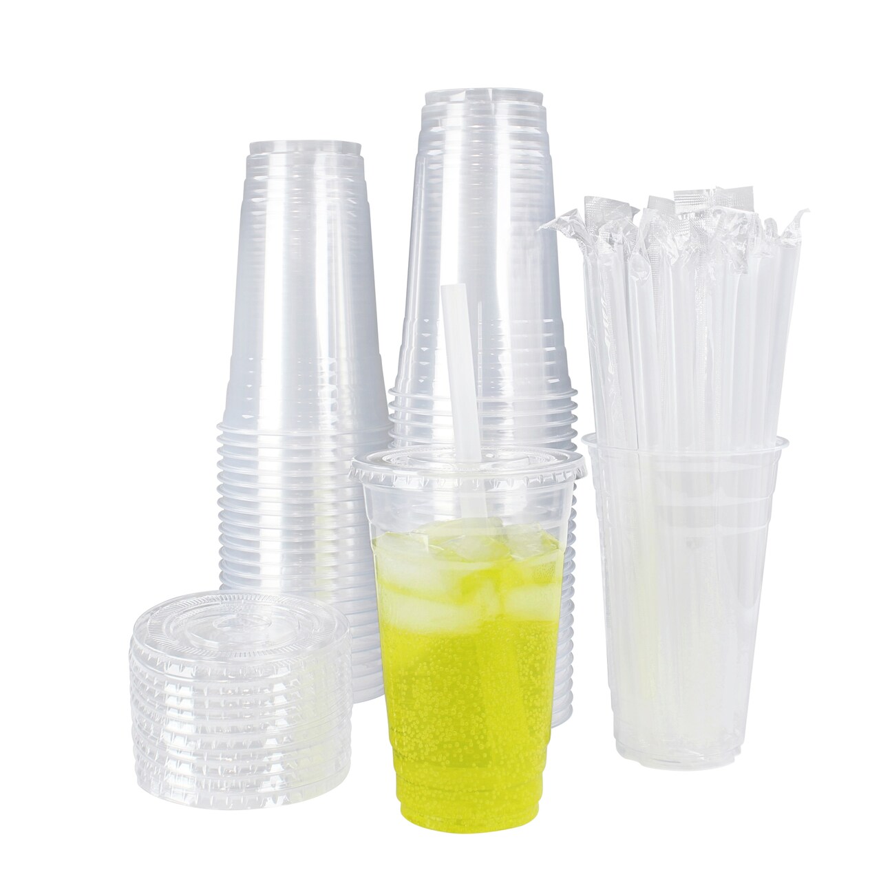 Spec101 To Go Smoothie Cup 50pk - 24oz Clear Plastic Cups with Lids and Straws